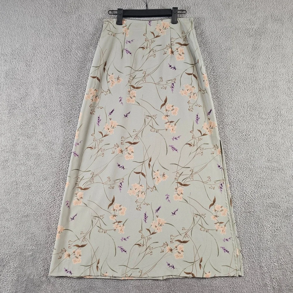 Wrapper Vintage 90s Sage Green Floral Maxi Skirt Side Slit Size 5/6 Cottagecore